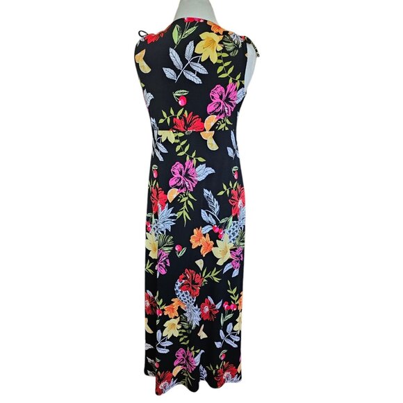 Y2K Floral Babydoll Maxi Dress Black Hawaiian Tropical Slinky Sz M 8 10 Cherries - Picture 5 of 9